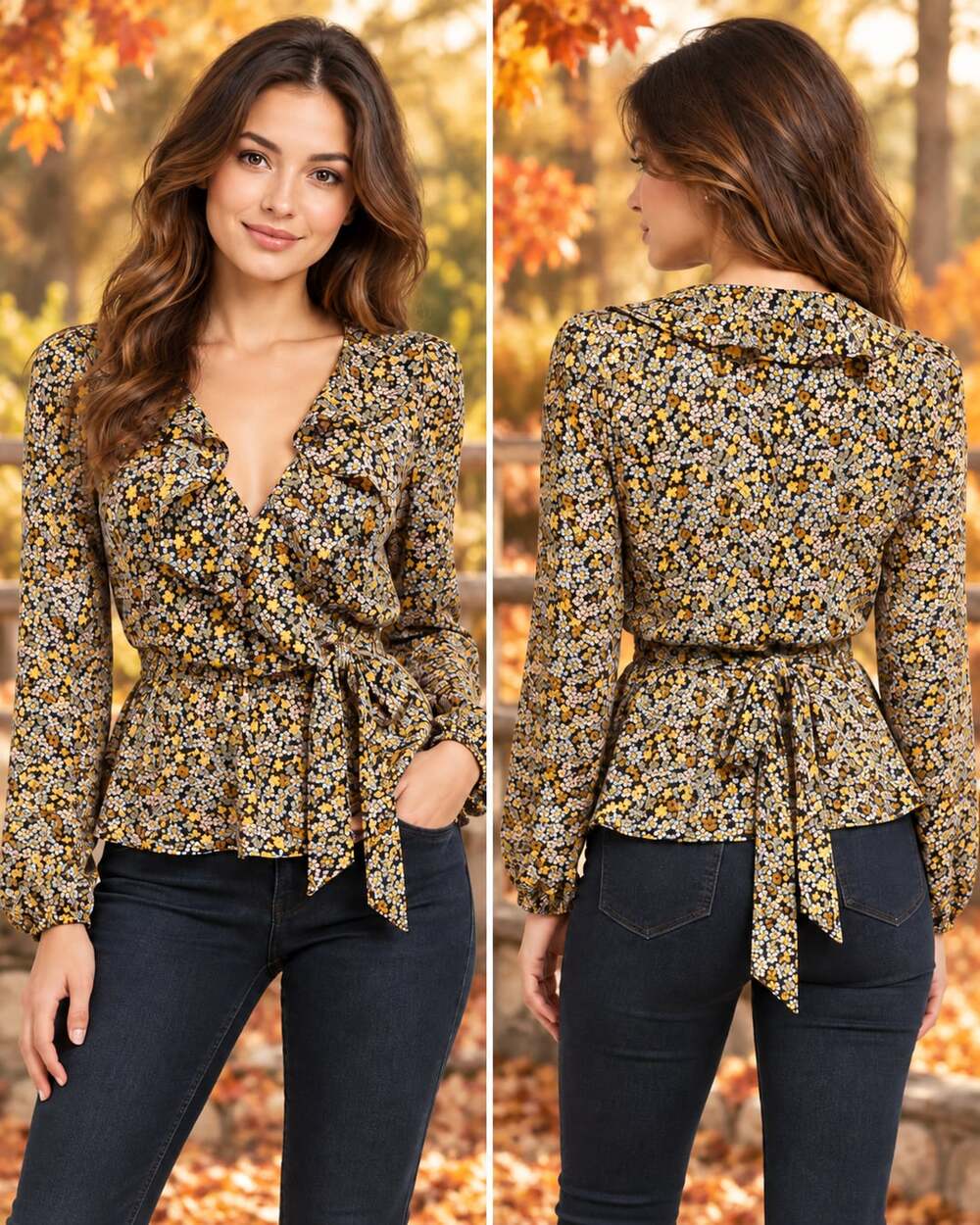 Max Studio Women's Ruffle Peplum Blouse Floral Long Sleeve Tie Waist Size L